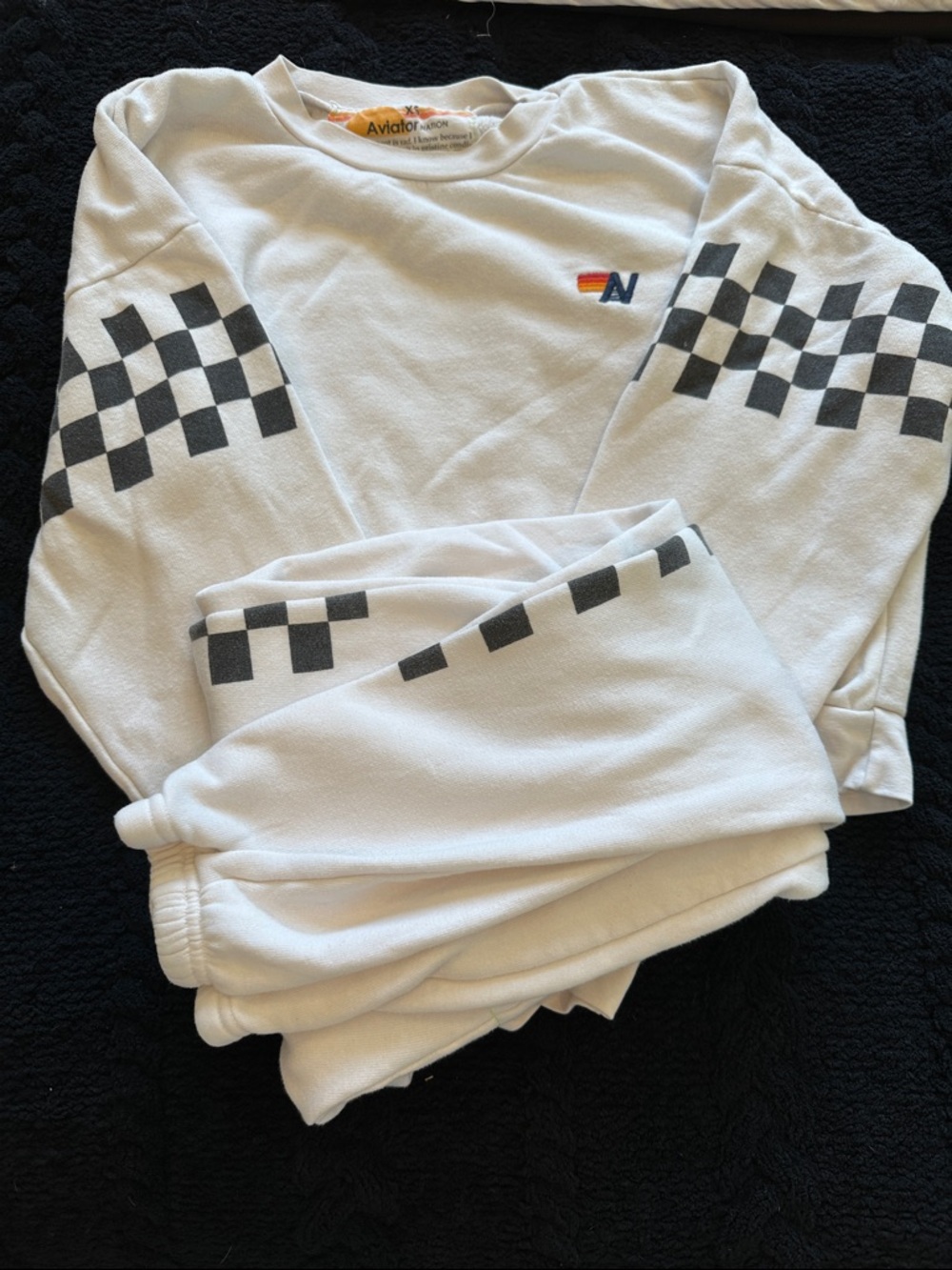 Aviator Nation White Crewneck & Joggers with Black Checkerboard